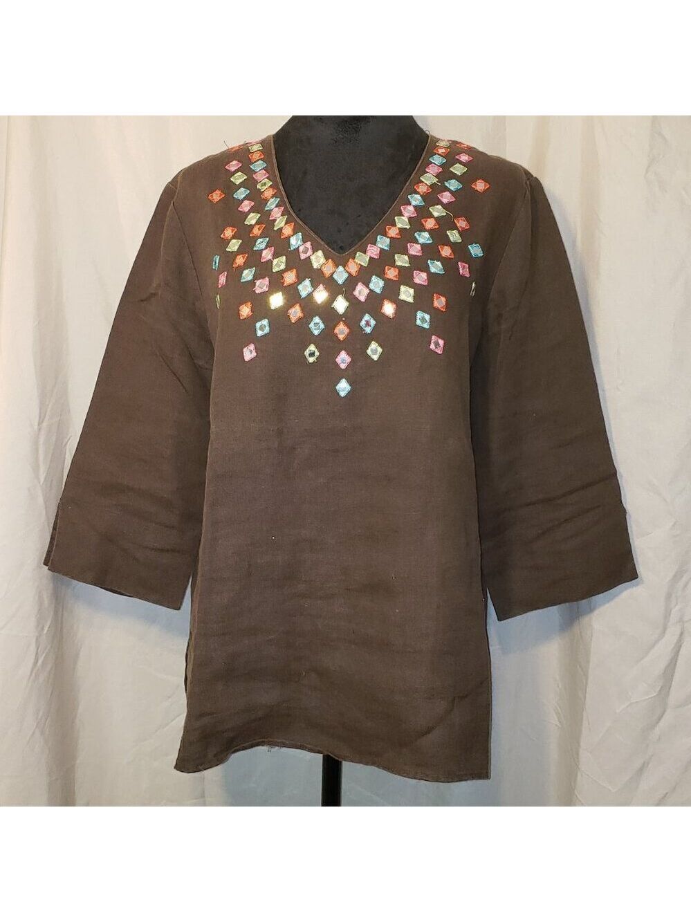 Choices Brown Linen Top with Embellished V Neck - M